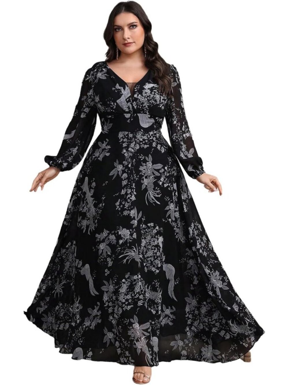 Plus Size Women's Floral Print Maxi Dress - V Neck, Long Sleeve, Boho Style for